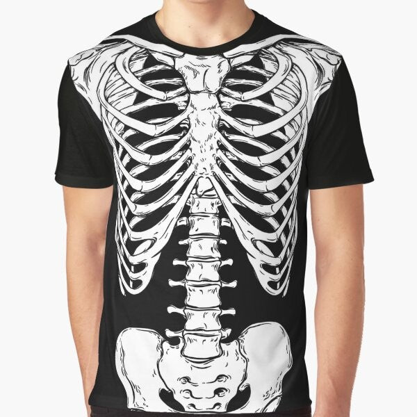 Anatomically correct human skeleton graphic design with ribcage and hips on a t-shirt