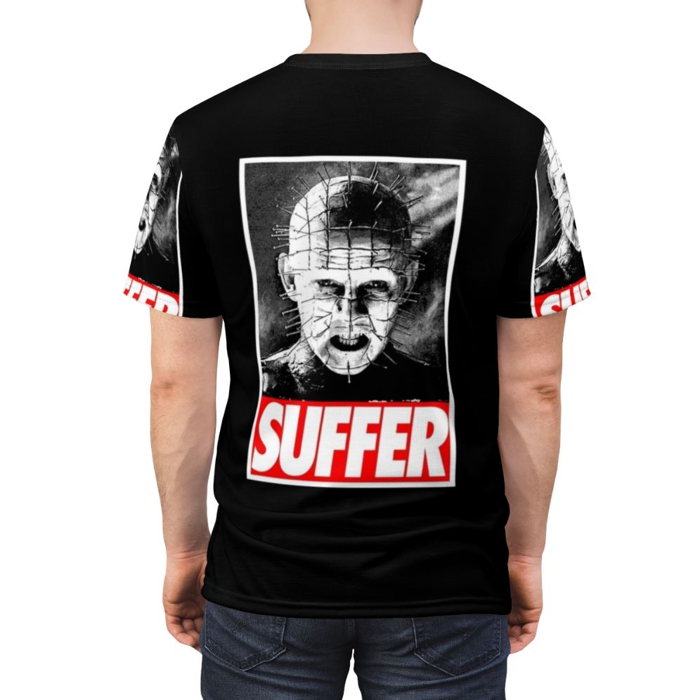 Pinhead horror movie character featured on an all-over-print t-shirt design - men back