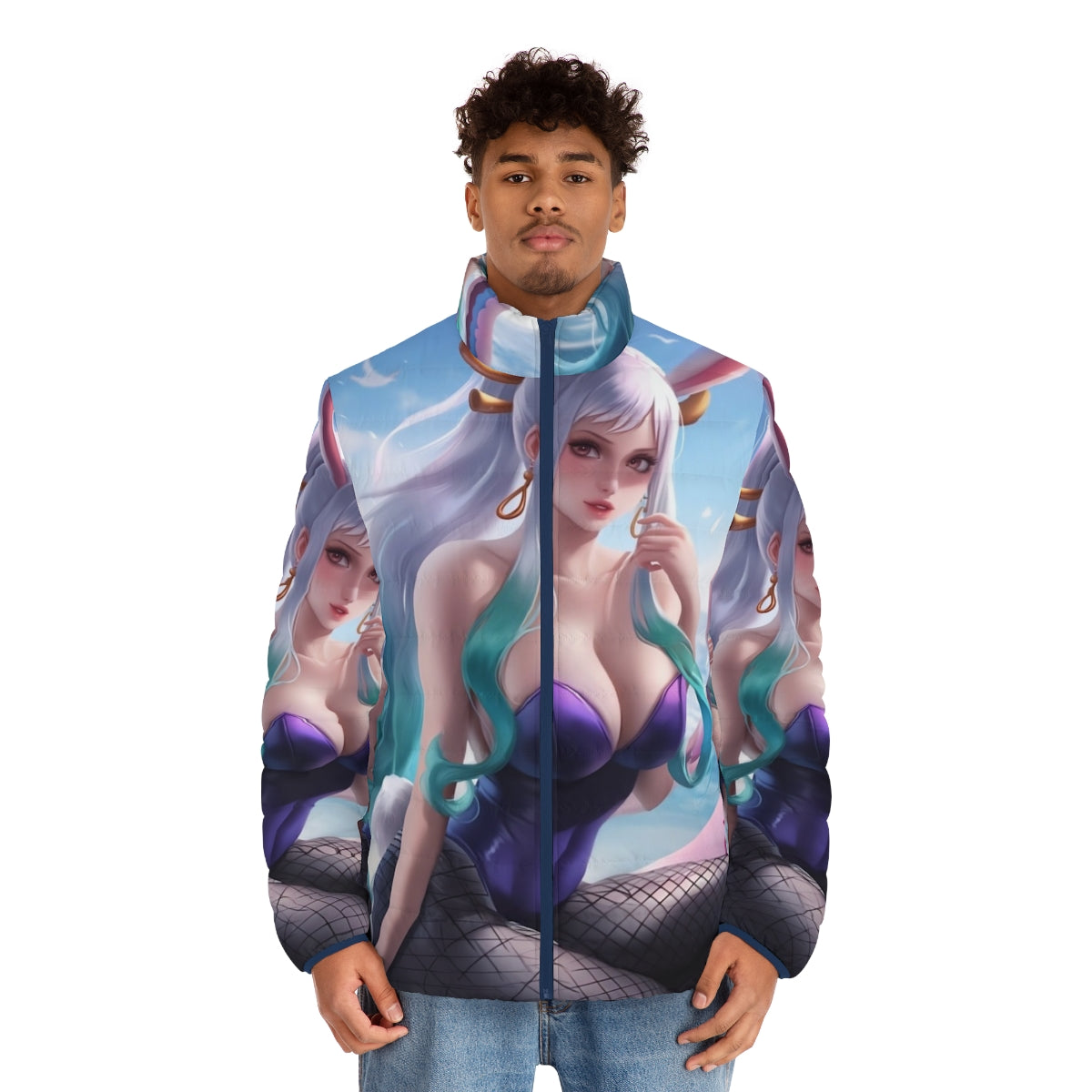 Anime-inspired bunny girl puffer jacket with oni princess design - men front