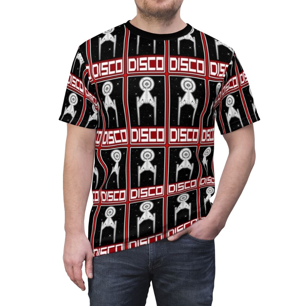 Retro disco-inspired sci-fi t-shirt with bold, graphic design - men front