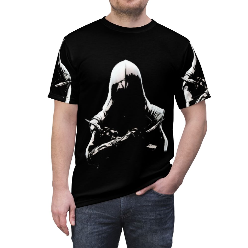 Assassins Creed inspired Ezio Auditore t-shirt design for video game fans and gamers - men front