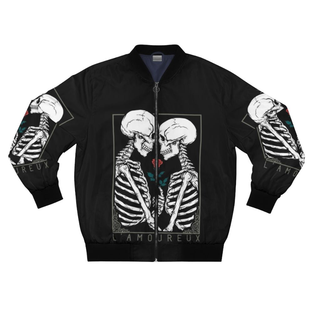 Tarot-inspired bomber jacket with skull, flower, and couple design