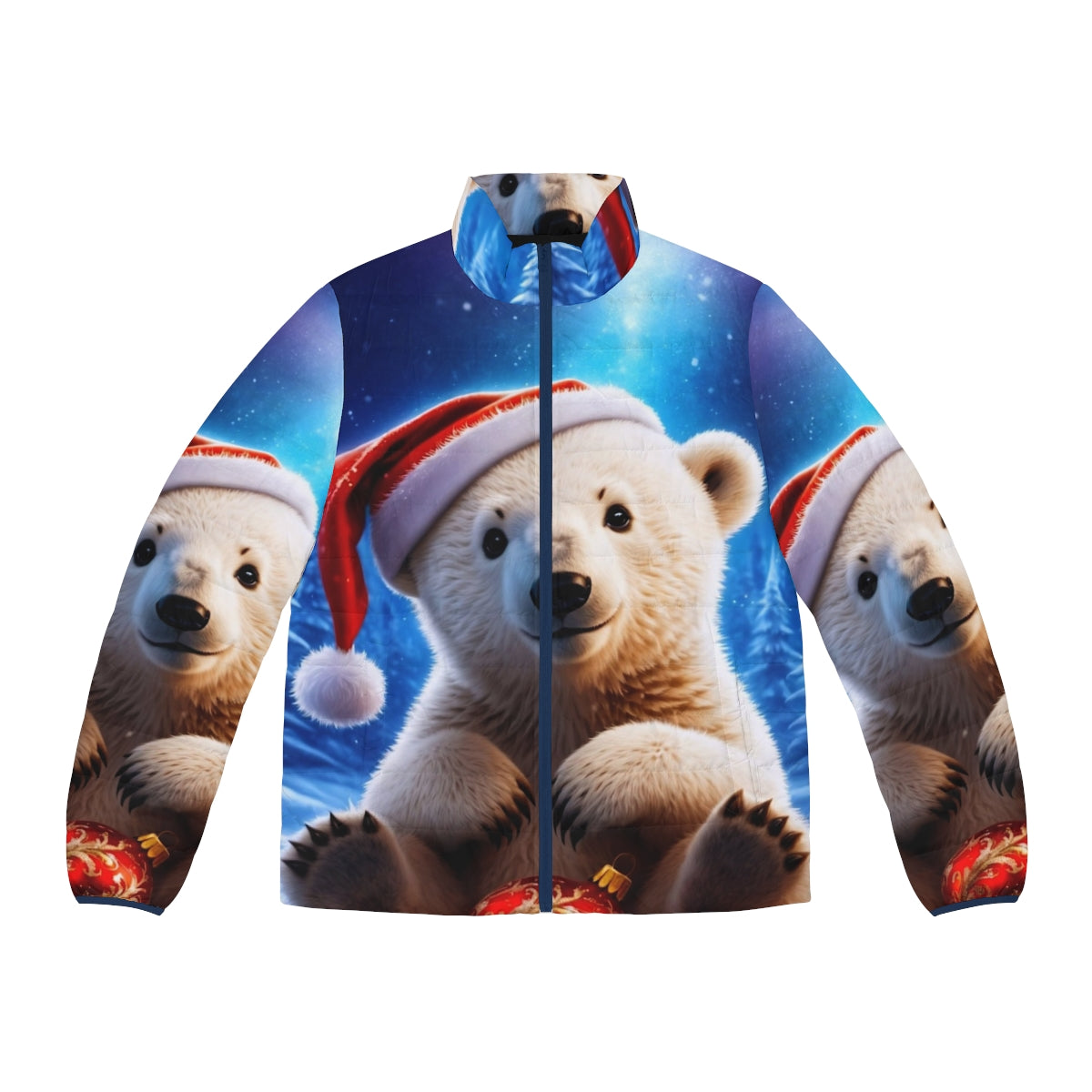 A cozy puffer jacket featuring a adorable polar bear cub in a snowy, enchanted forest scene