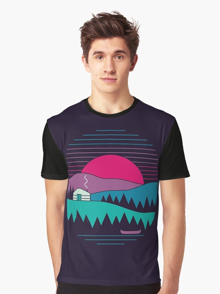 A minimalist graphic t-shirt design featuring a nature landscape with mountains, hills, and a simple geometric shape. - Men