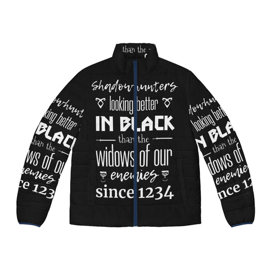 A black puffer jacket featuring Shadowhunters characters from the Cassandra Clare book series