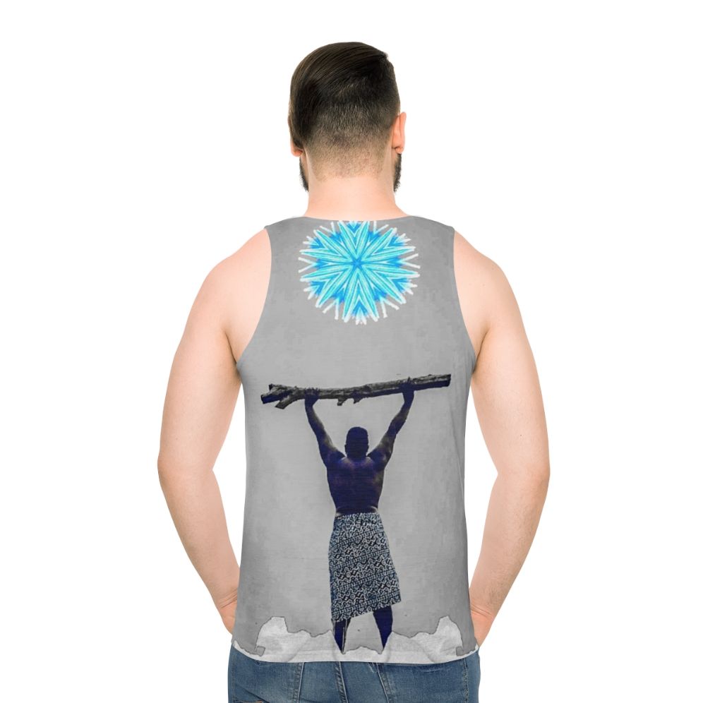 Unisex tank top featuring a digital illustration of a star above snowy mountains - men back