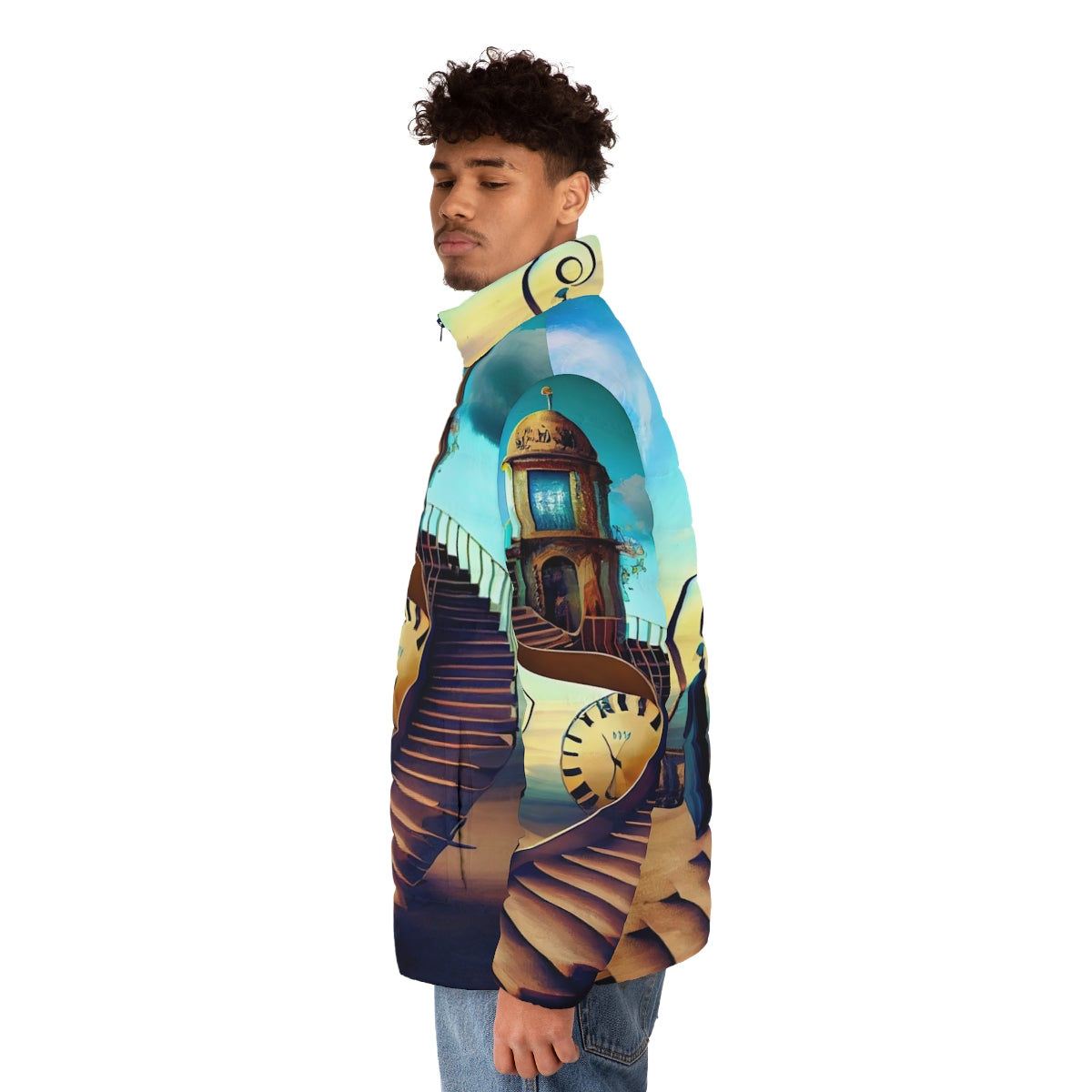 Salvador Dali Inspired Puffer Jacket with Surreal Imagery - men side left