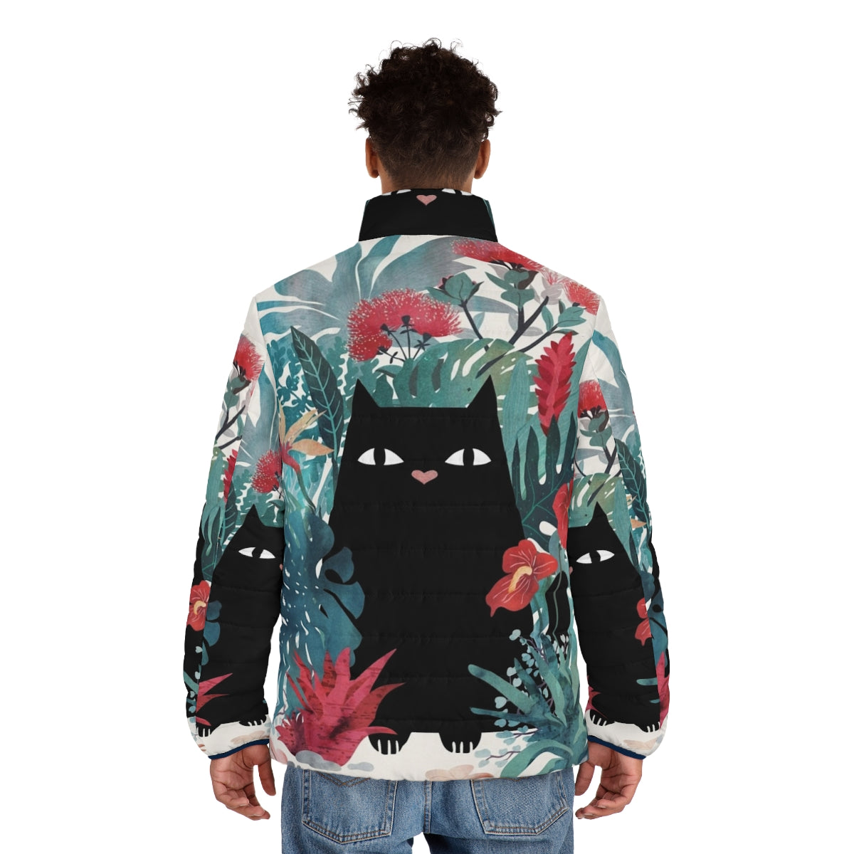 Black cat wearing a puffer jacket with tropical floral design - men back