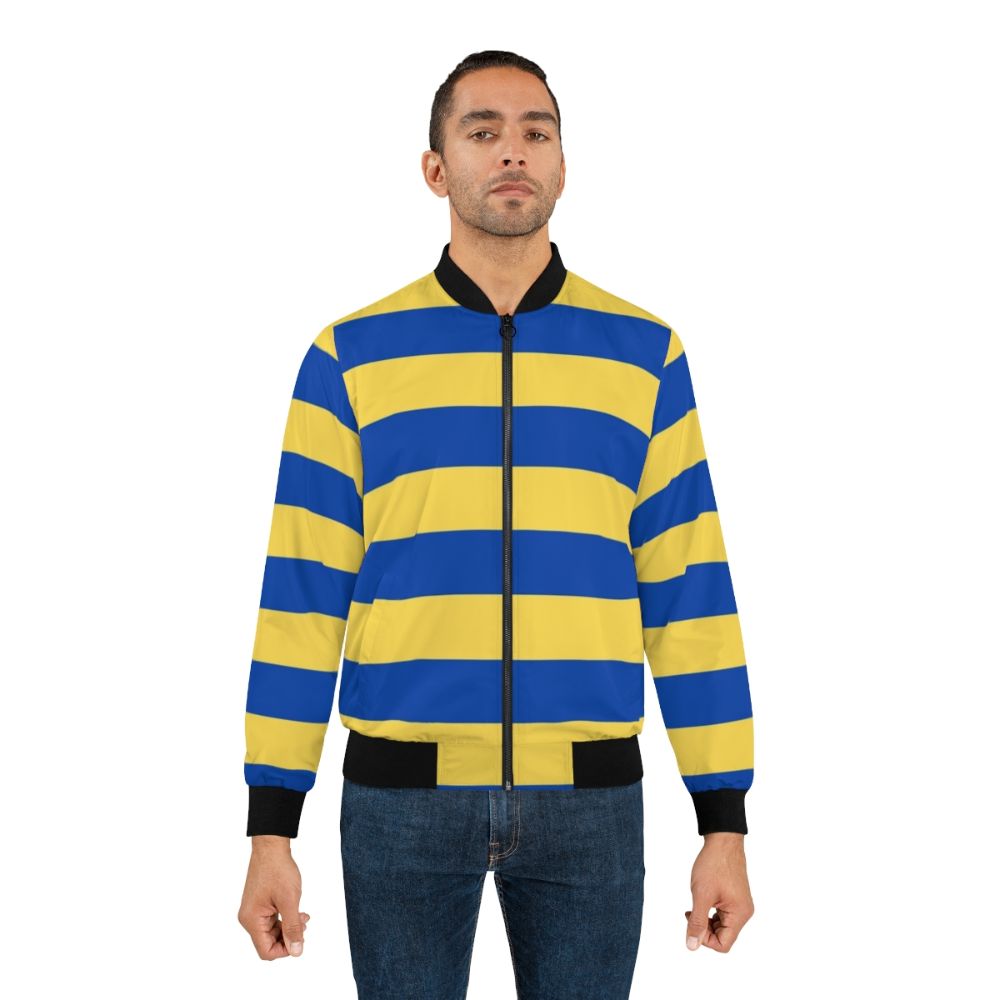 A stylish and vibrant blue and yellow striped bomber jacket - Lifestyle