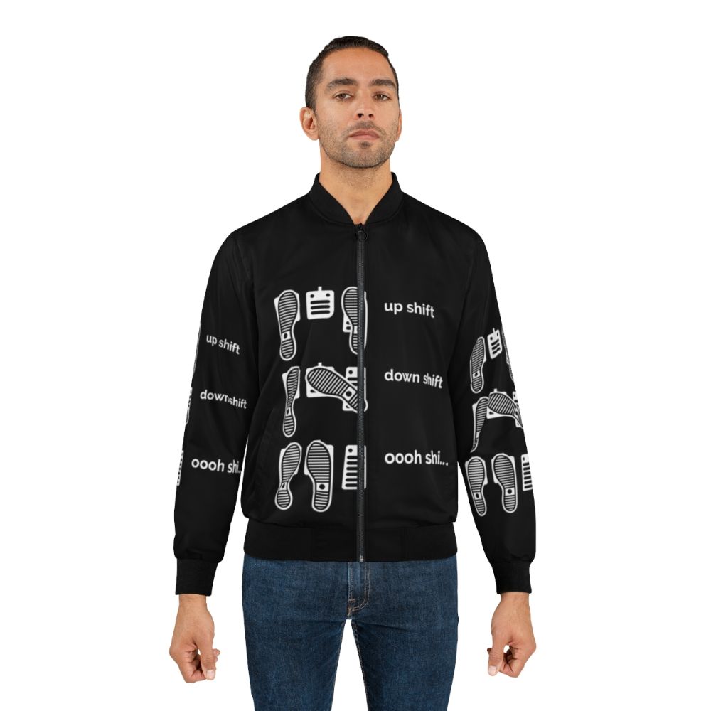 Car enthusiast wearing a bomber jacket with a "Up Shift, Down Shift, Oooh Shi..." design - Lifestyle