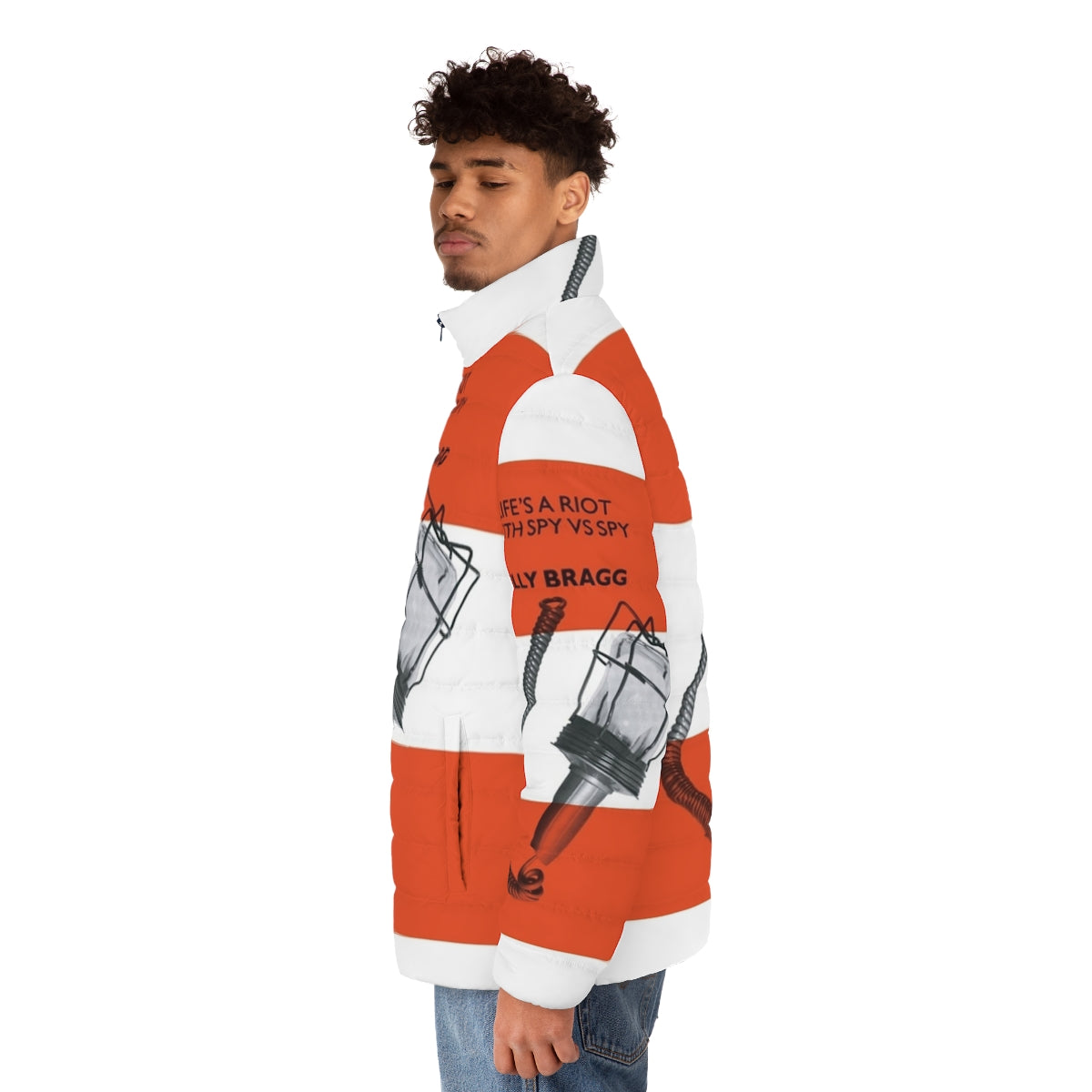 "Just Because You're Better Than Me" puffer jacket, featuring a music-inspired design for a trendy, urban look. - men side left