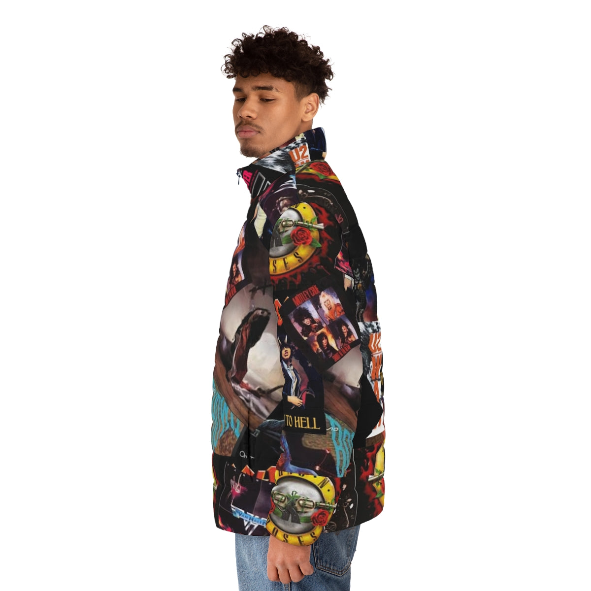 Colorful collage puffer jacket featuring 1980s rock band logos and album covers - men side left