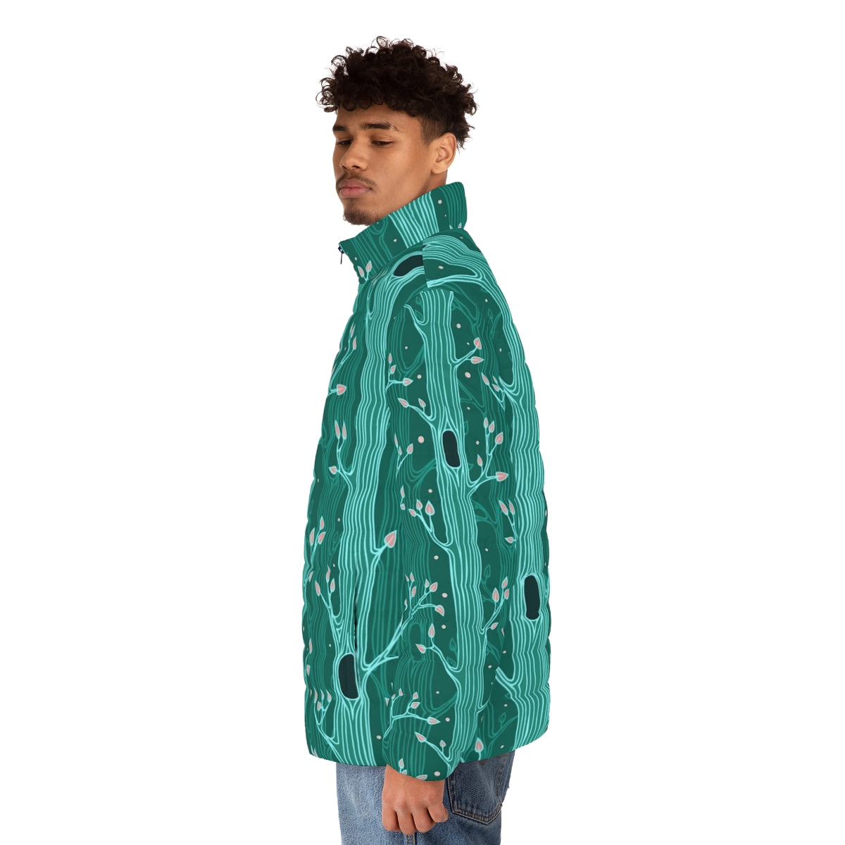 Emerald forest seamless tree pattern puffer jacket - men side left