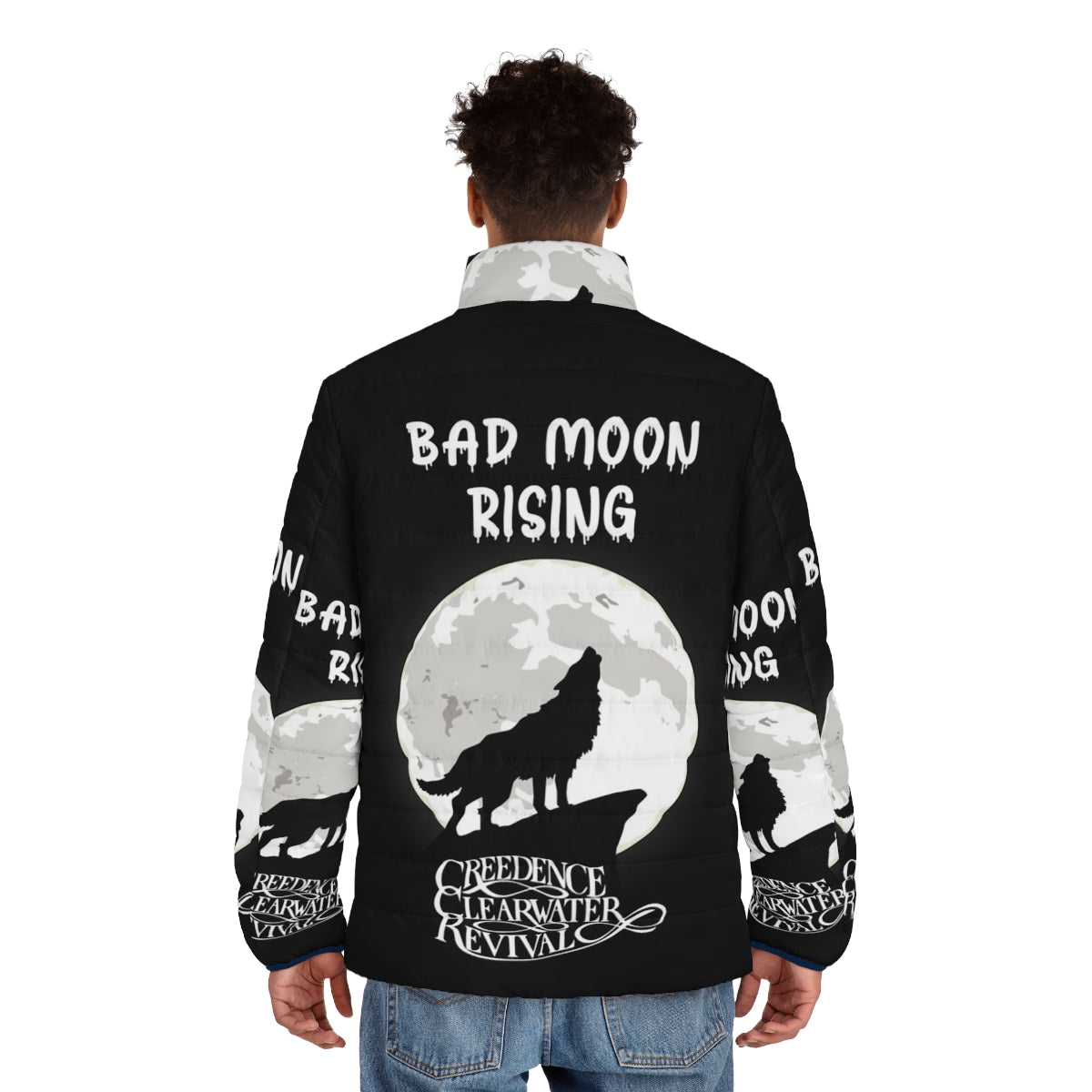 Creedance Clearwater Revival "Bad Moon Rising" puffer jacket with vintage music and fashion design - men back