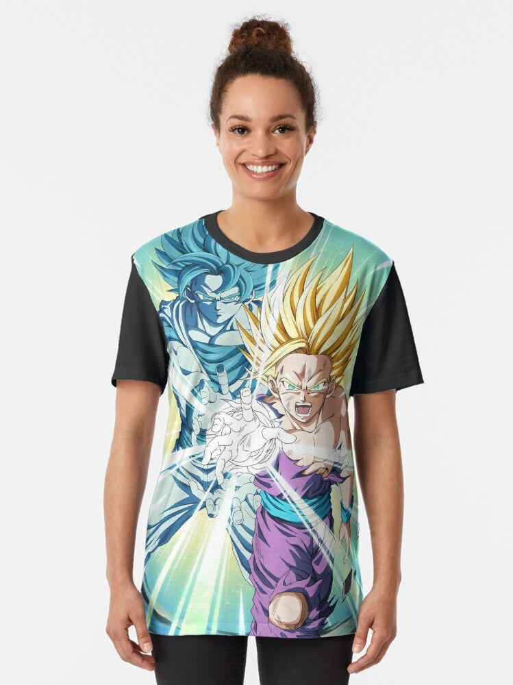 Graphic t-shirt featuring father and son performing the Kamehameha attack from the Dragon Ball Z anime series - Women