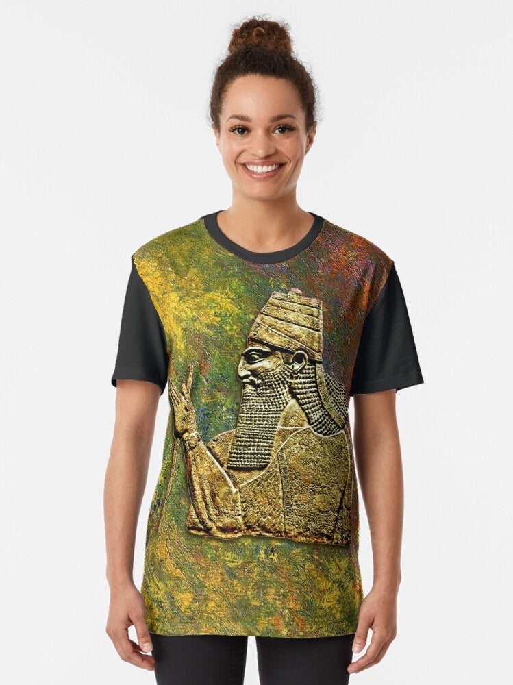 Graphic t-shirt featuring an illustration of an Assyrian king with cultural and historical elements - Women