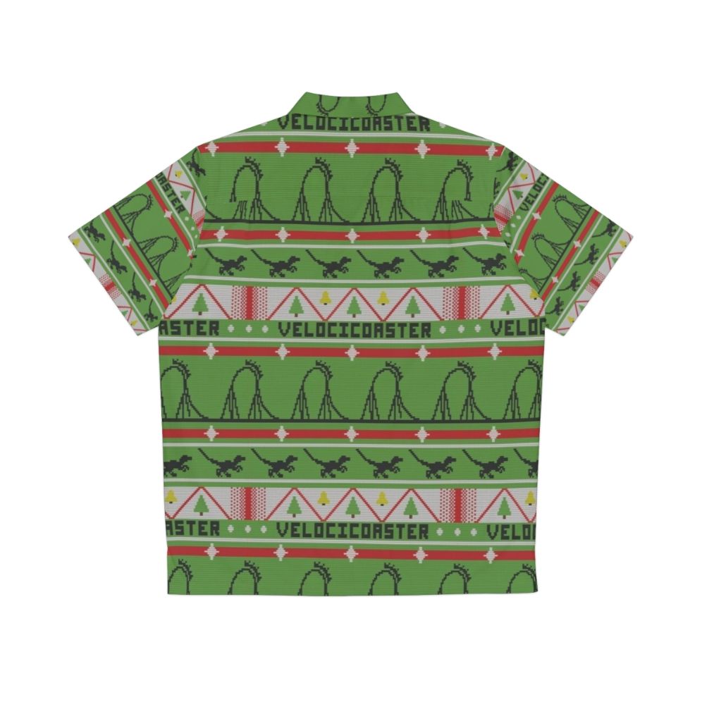 Velocicoaster Ugly Christmas Sweater Hawaiian Shirt featuring a dinosaur and tropical print design - Back