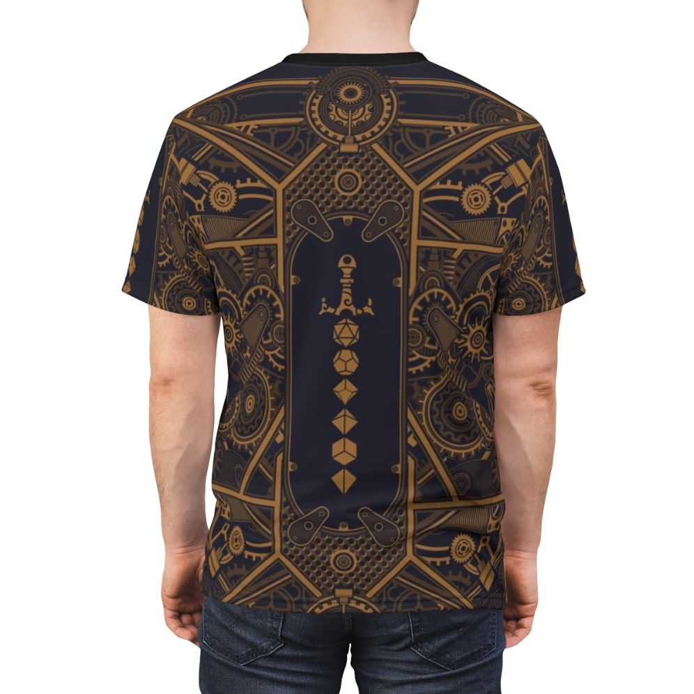 Steampunk-inspired t-shirt featuring polyhedral dice and a sword design - men back