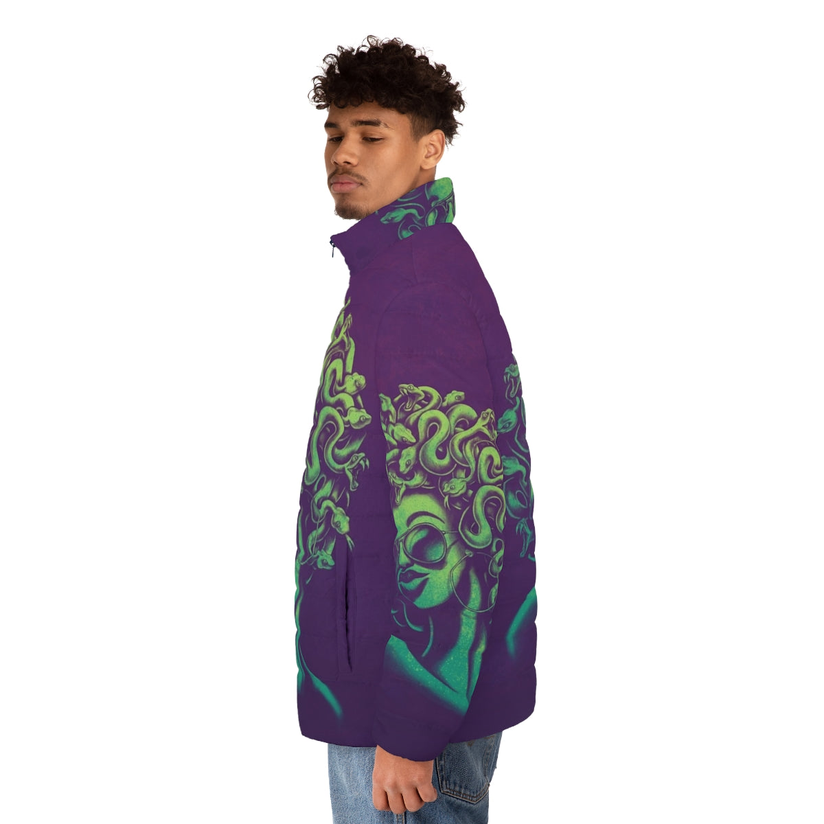 Funky Medusa puffer jacket with unique, mythical design - men side left