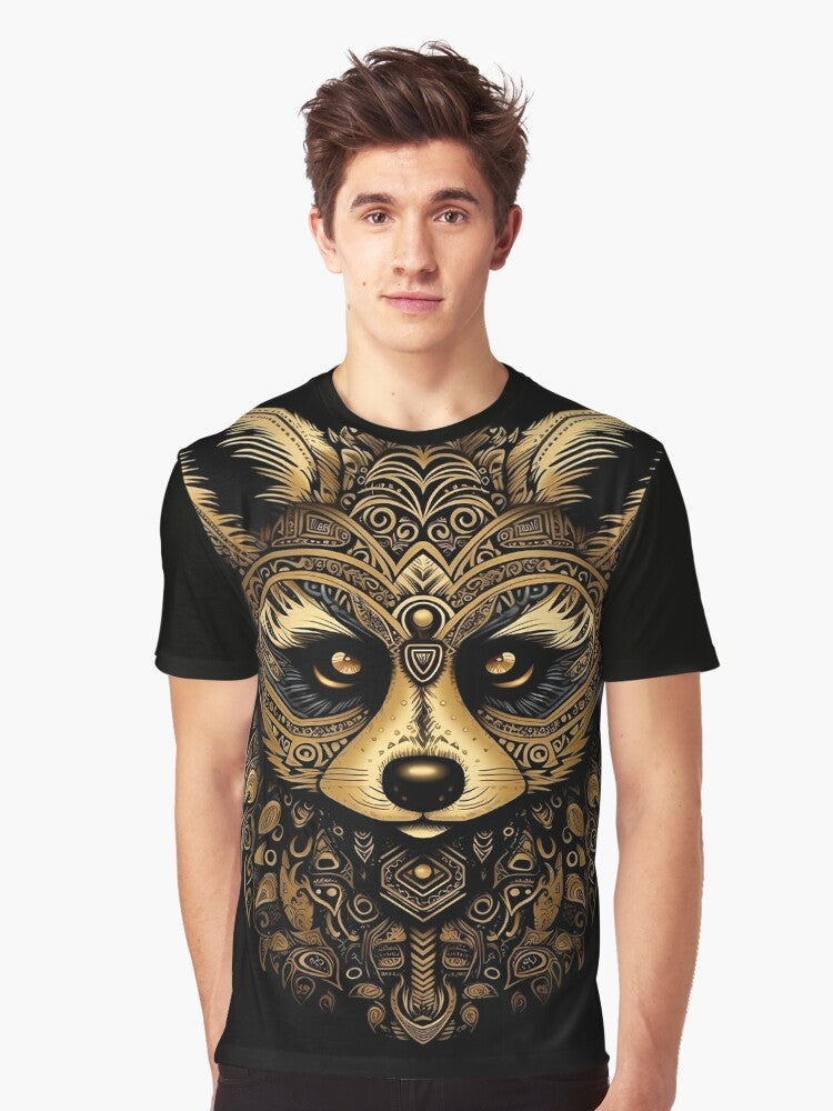 Golden raccoon surrounded by a intricate mandala pattern, digital illustration design - Men