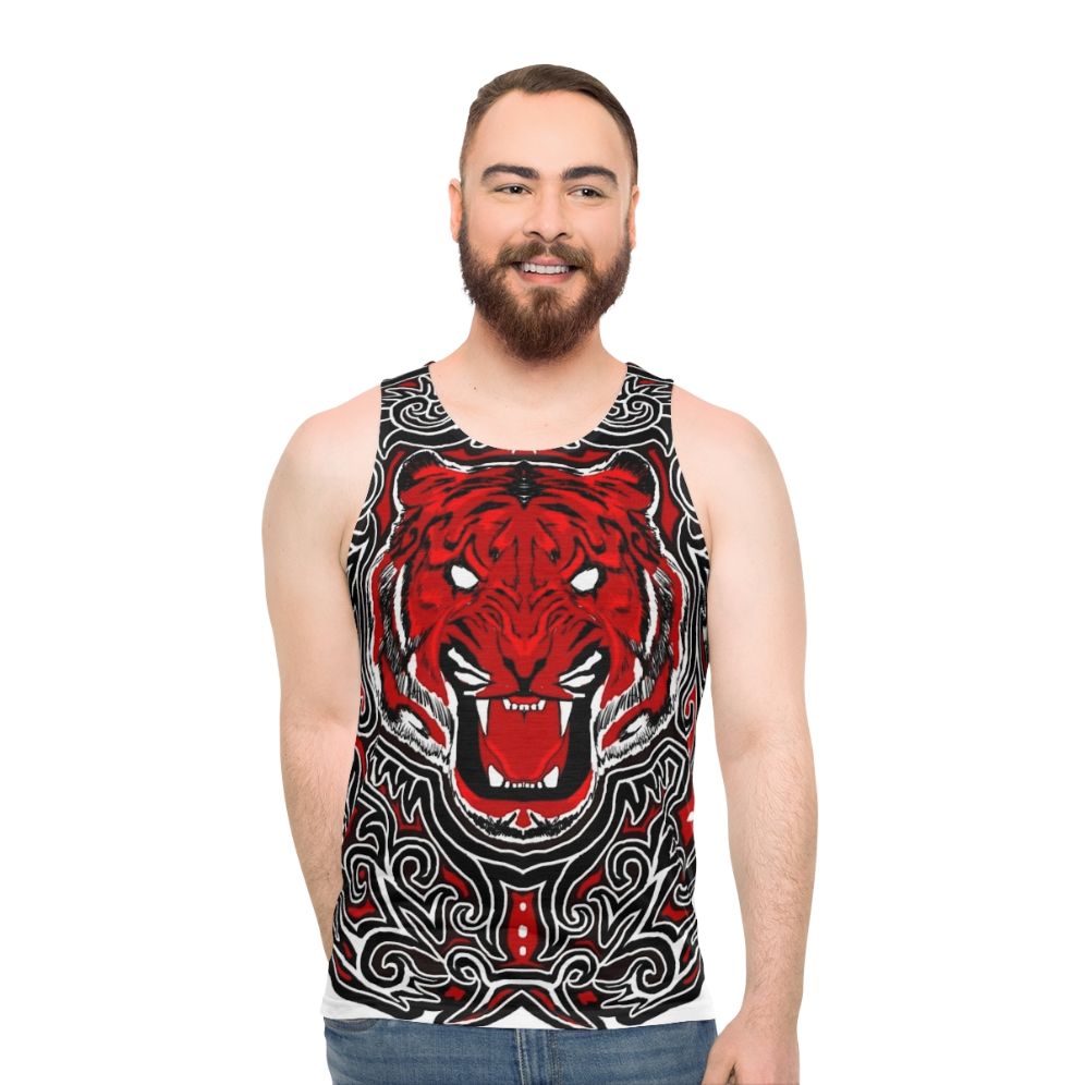 Unisex red tank top with angry tiger Indonesian art design - men