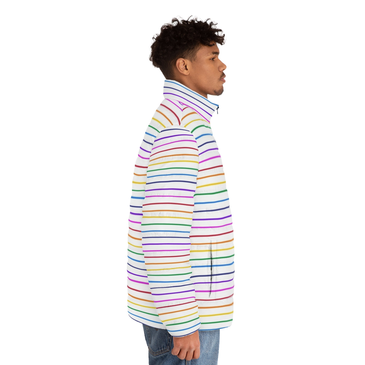 Colorful horizontal rainbow striped puffer jacket - men side right