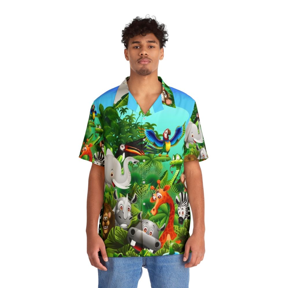 Vibrant Hawaiian shirt featuring a cartoon print of wild animals like elephants, lions, and monkeys in a lush jungle setting - People Front