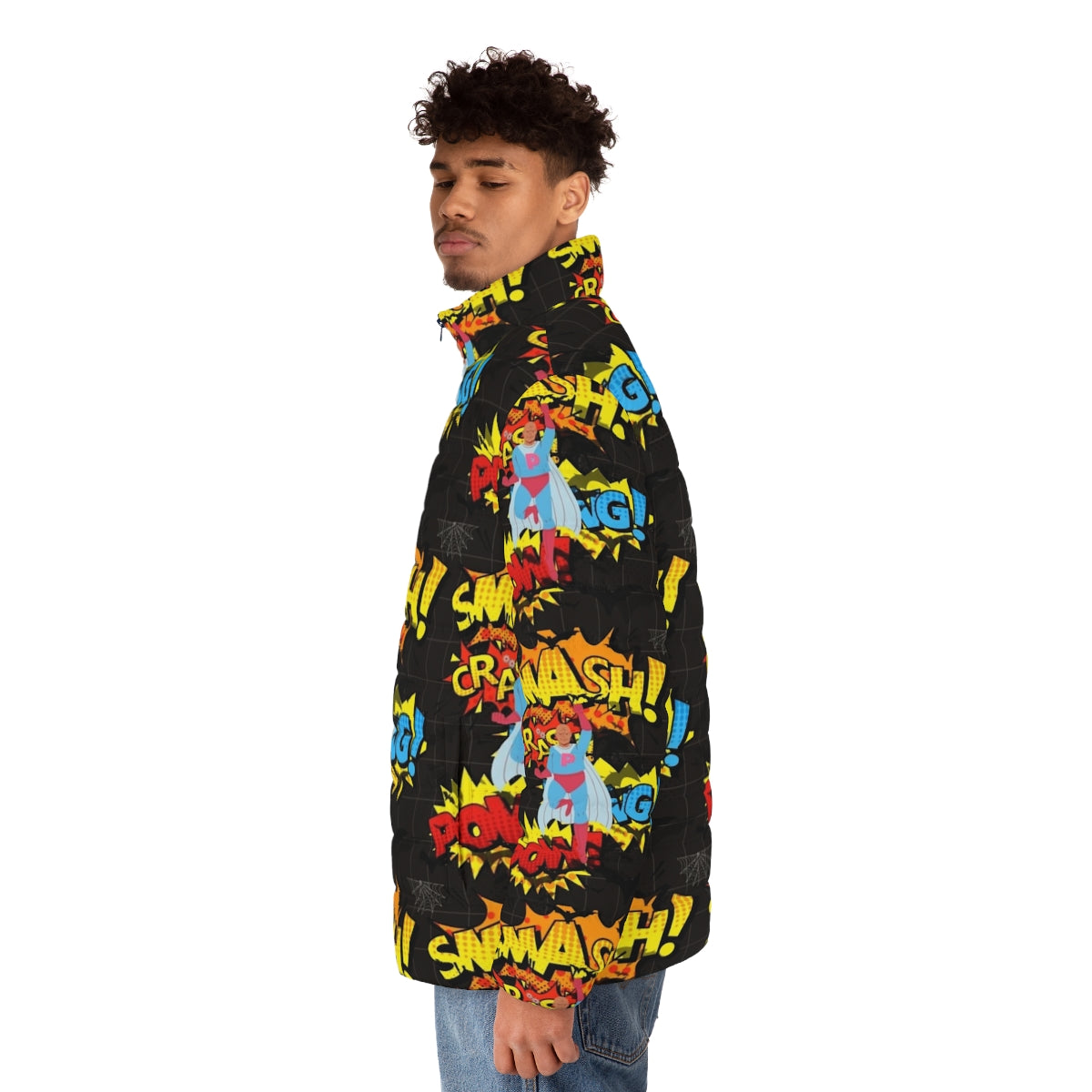 Classic hero puffer jacket with superhero design - men side left