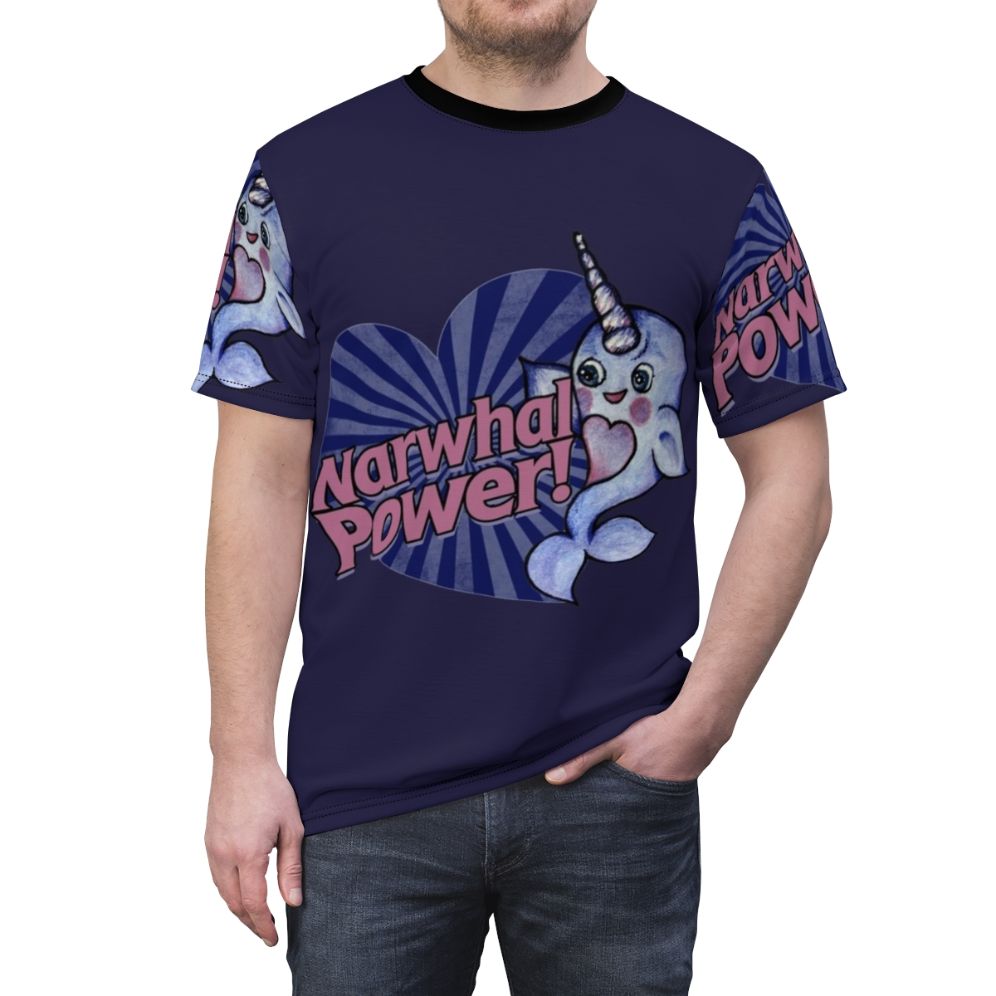 Whimsical illustration of a purple and blue narwhal on a high-quality t-shirt for narwhal enthusiasts. - men front