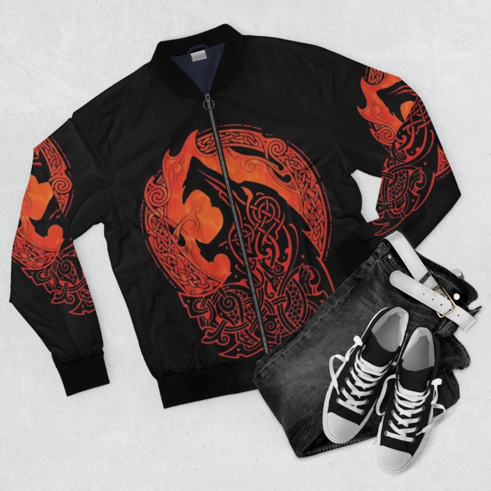 Mythical bomber jacket featuring the Norse wolf Fenrir, the son of Loki - Flat lay