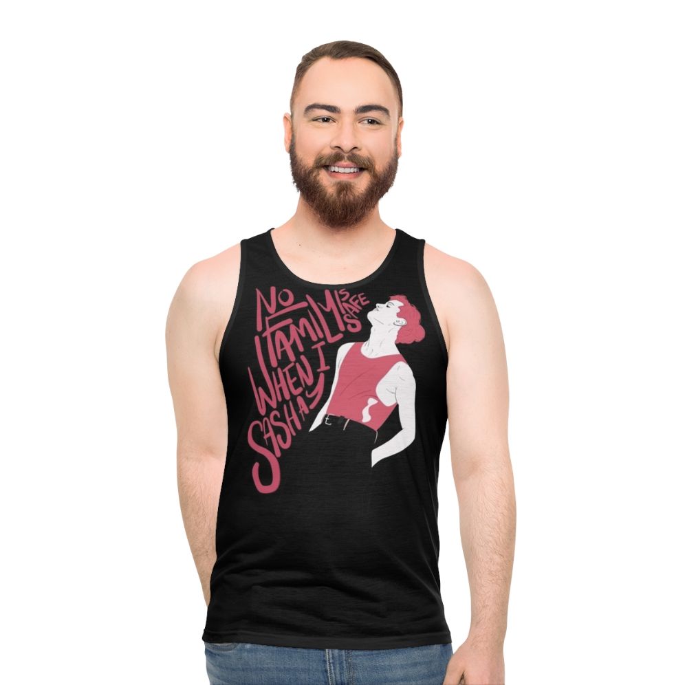 Unisex tank top with minimalist "No Family Is Safe When I Sashay" design - men