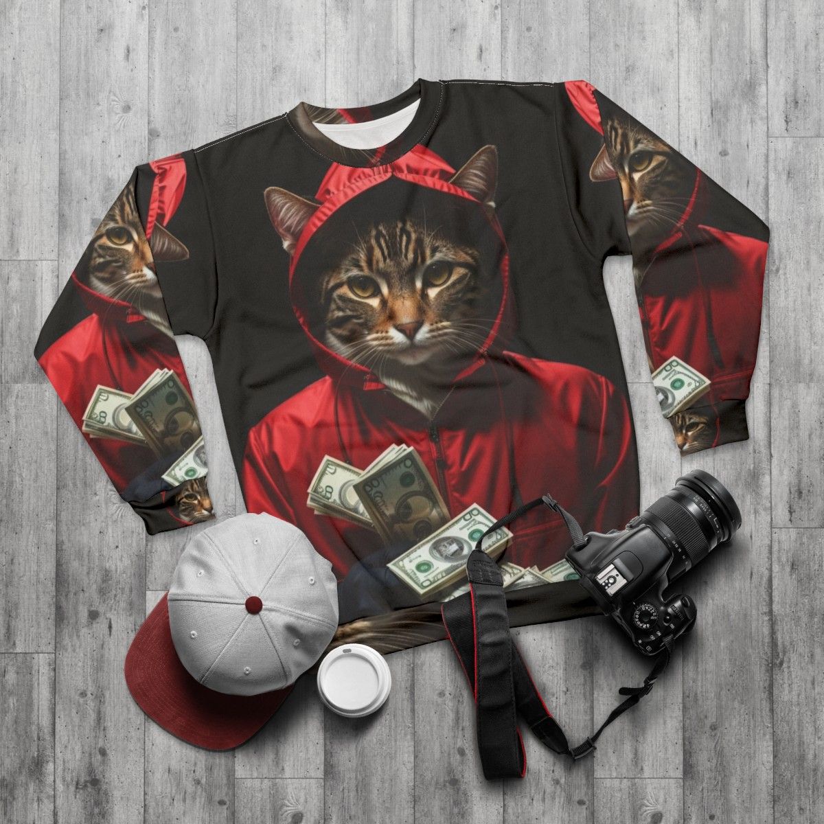 Money Heist "La Casa De Papel" themed cat sweatshirt - flat lay