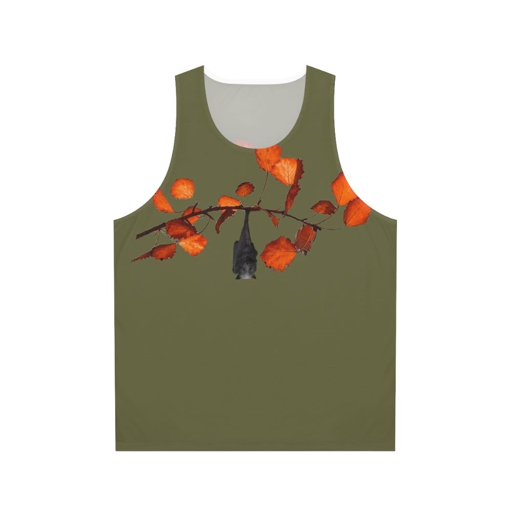 Moss green unisex tank top with cute bats hanging on leaves