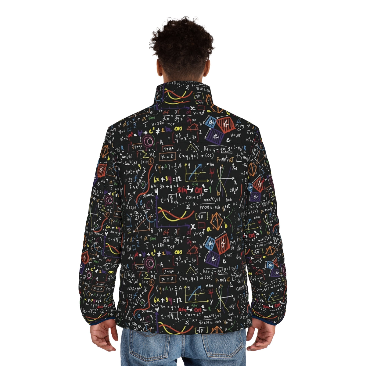 Puffer jacket with math equations, formulas, and symbols printed on it - men back