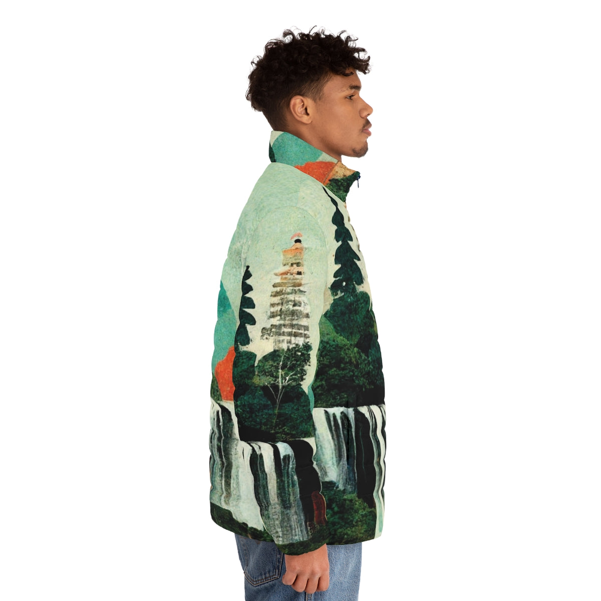 Waterfall artwork puffer jacket with a collage of beautiful waterfalls and nature scenery - men side right