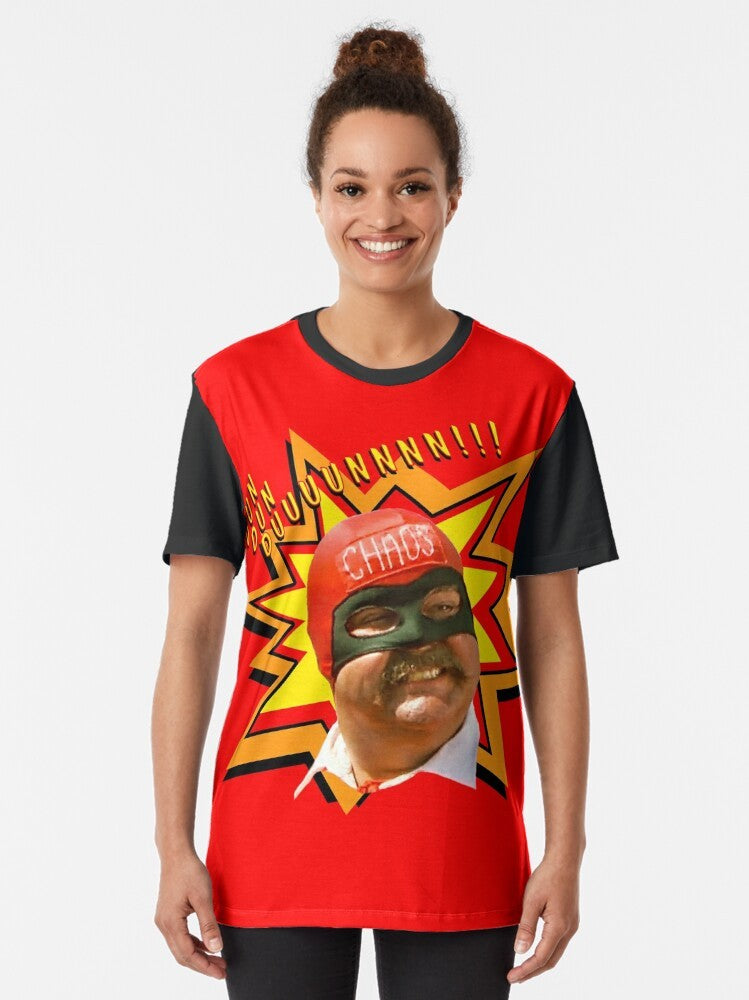 Captain Chaos graphic t-shirt, featuring the iconic character from the classic comedy films of the 70s and 80s. - Women