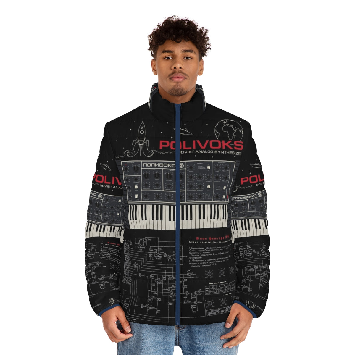 Polivoks Space Puffer Jacket featuring a retro-futuristic design and synth-inspired graphics - men front