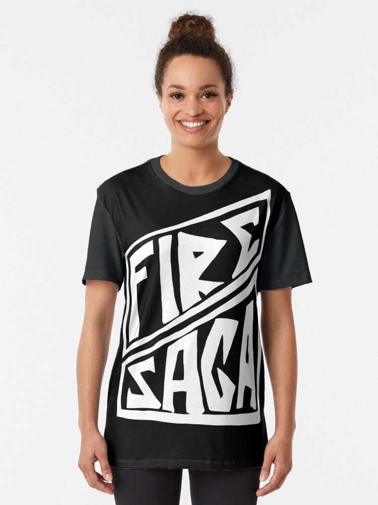 Fire Saga Eurovision-Inspired Graphic T-Shirt, featuring the logo and characters from the film "The Story of Fire Saga" - Women