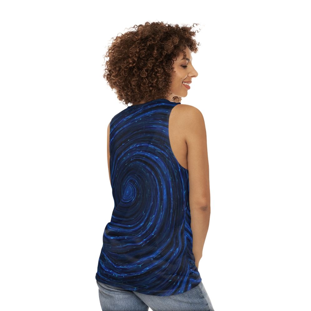 Unisex tank top with abstract ocean wave design - women back