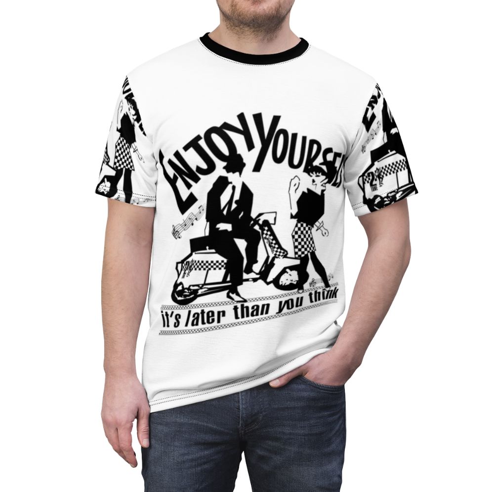 Vibrant all-over-print t-shirt with a ska-inspired design, featuring a bold "Enjoy Yourself" message. - men front