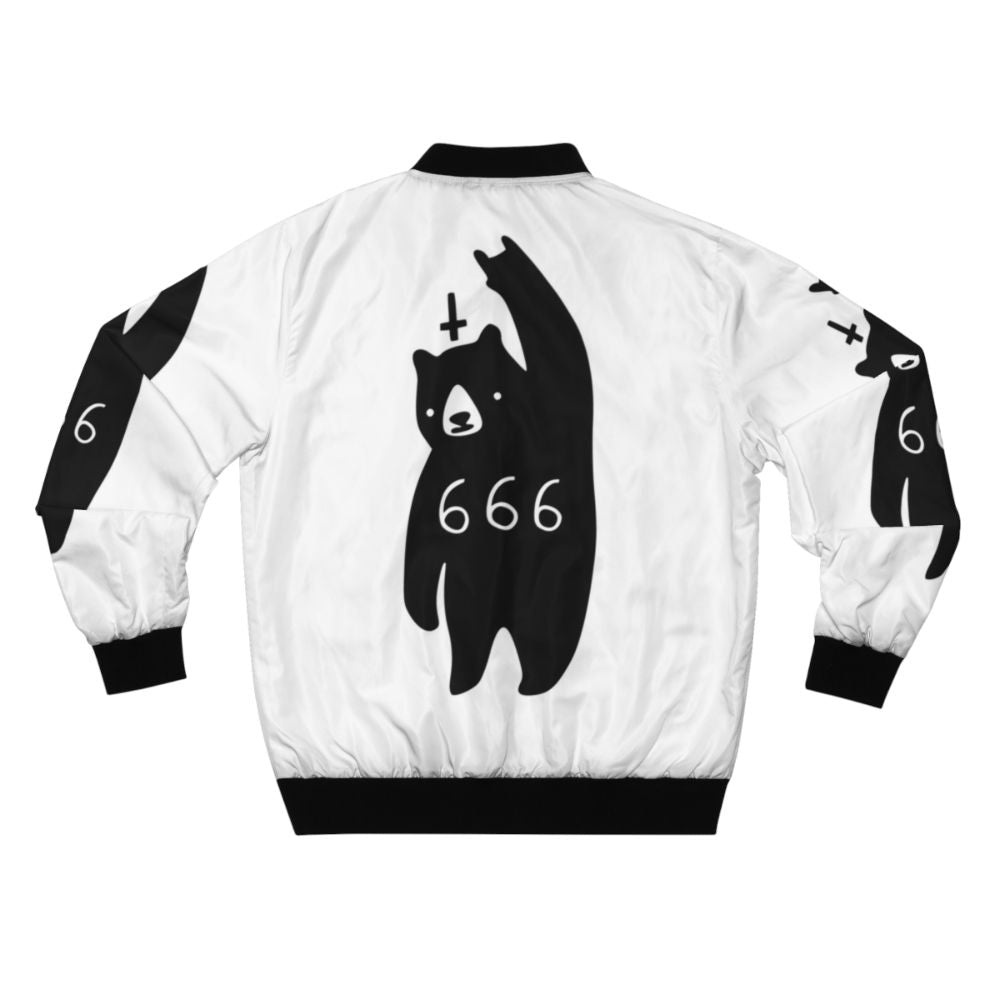 Black Bear Metal Bomber Jacket with Devil Horns and 666 Design - Back