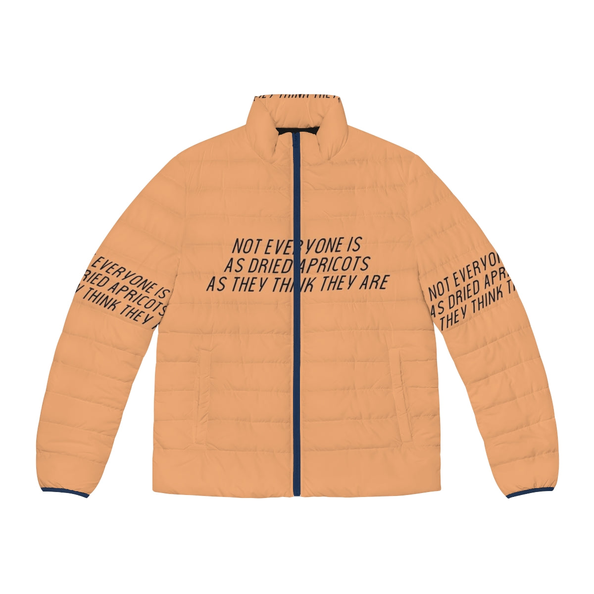 James Acaster's Apricots Puffer Jacket - Surreal Comedy Style with Typography and Minimalist Design