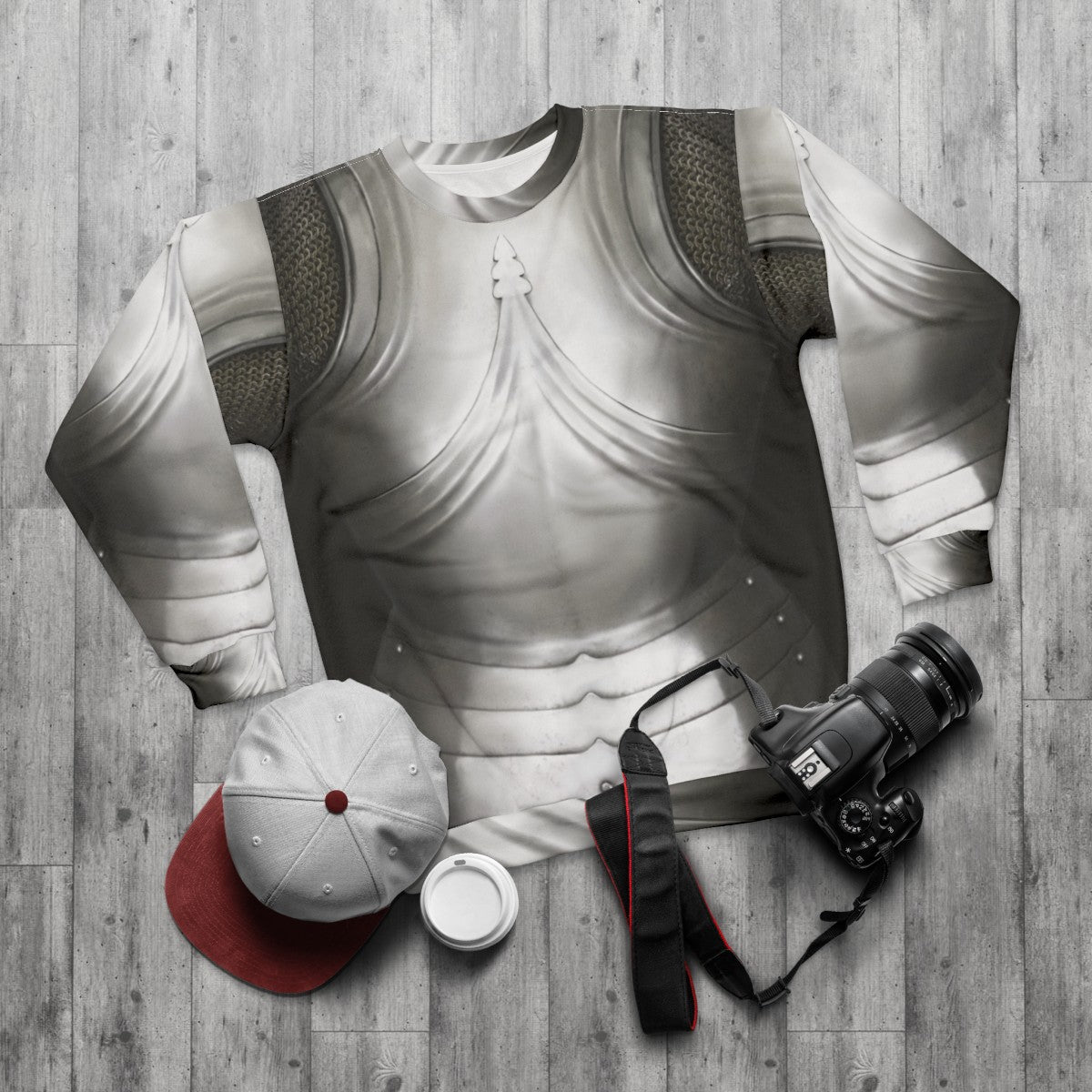 Gothic German knight in cuirass design sweatshirt - flat lay