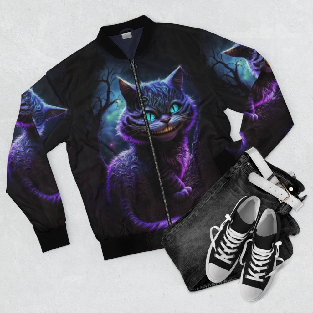 Cheshire Cat Abstract Bomber Jacket with Vibrant Patterns - Flat lay