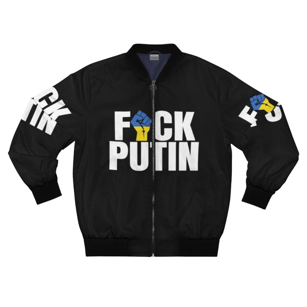 Ukrainian flag bomber jacket with fist symbol, anti-Putin design