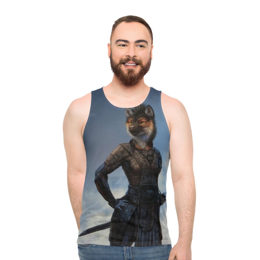 Unisex tank top with anthro canine warrior design - men