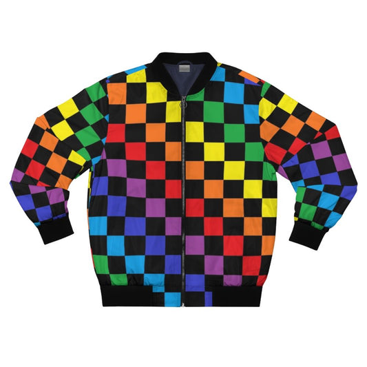 Checkered rainbow pattern bomber jacket with colorful abstract design