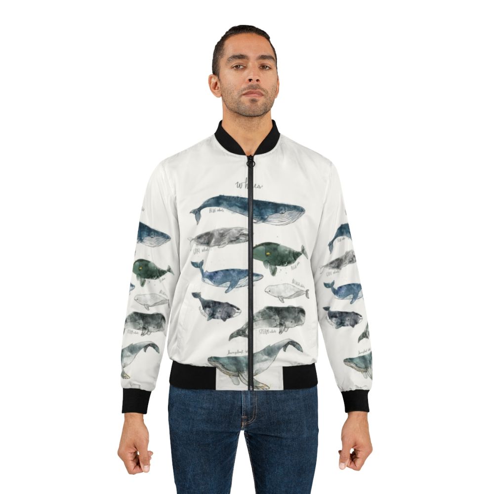 Whales humpback bomber jacket in gray and blue watercolor design - Lifestyle