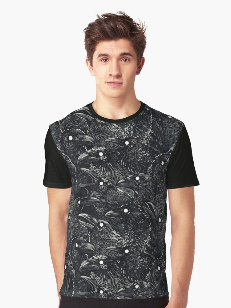 Raven pattern graphic t-shirt with a flock of dark birds and a spooky, gothic design - Men