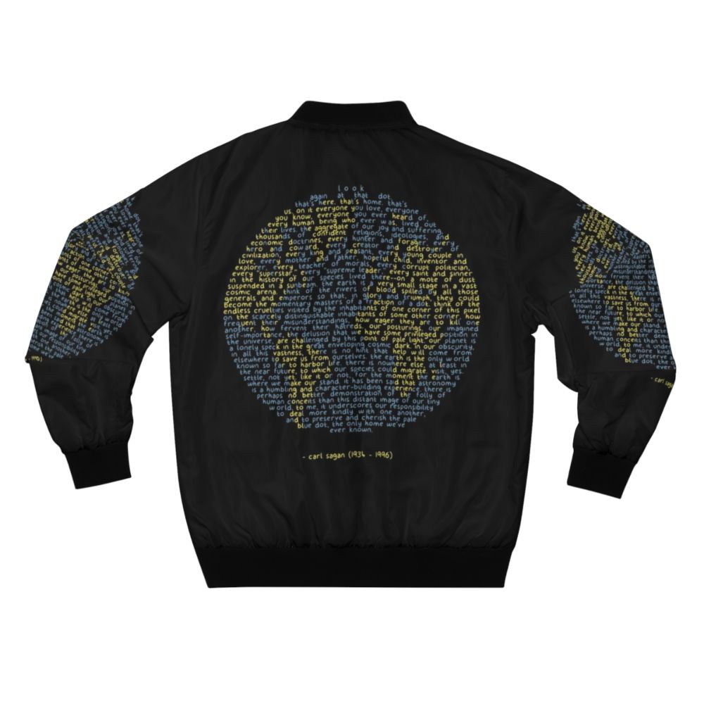 Pale blue bomber jacket with 'Pale Blue Dot' design, inspired by Carl Sagan's iconic image of Earth. - Back